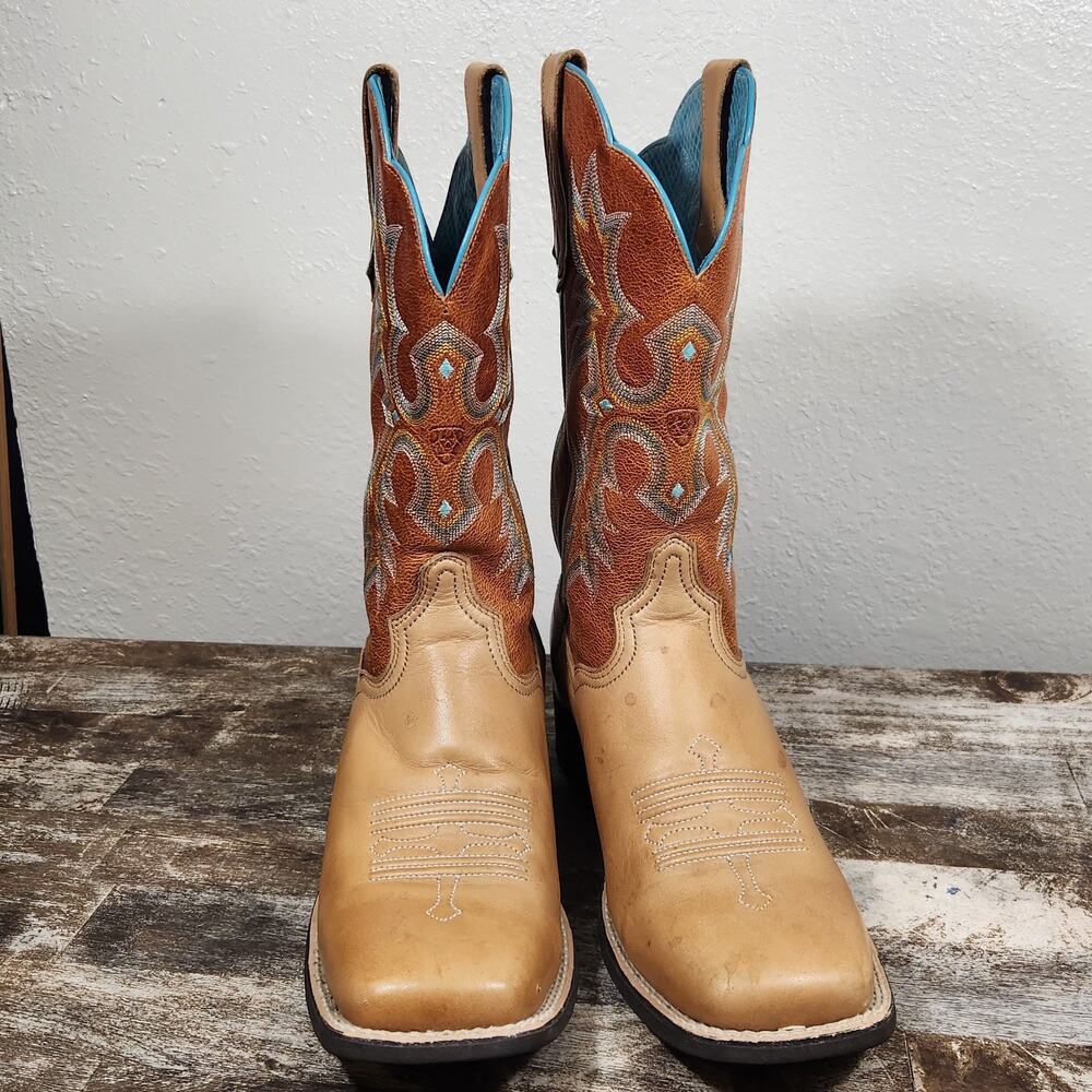 Ariat Tombstone Cowboy Boots Womens 9 B Tan Teal Leather Square Country Cowgirl - Picture 3 of 14